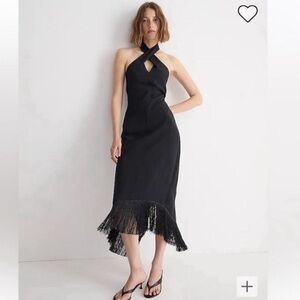 J.Crew Collection Black Crepe Halter Fringe Hem Midi Dress Size 0 NWT
